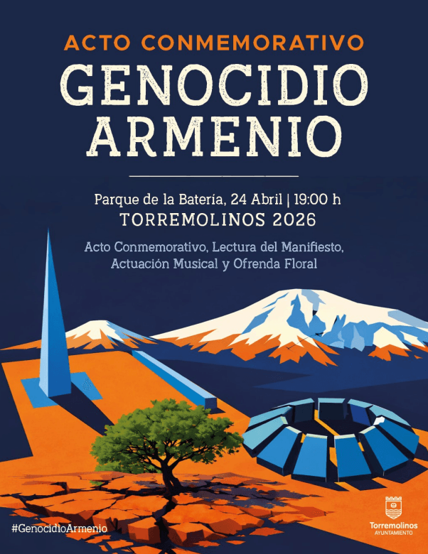 Cartel del Ayuntamiento de Torremolinos: acto conmemorativo del genocidio armenio, Parque de la Batería, 24 de abril de 2026, 19:00 h; ilustración con montañas y memorial.