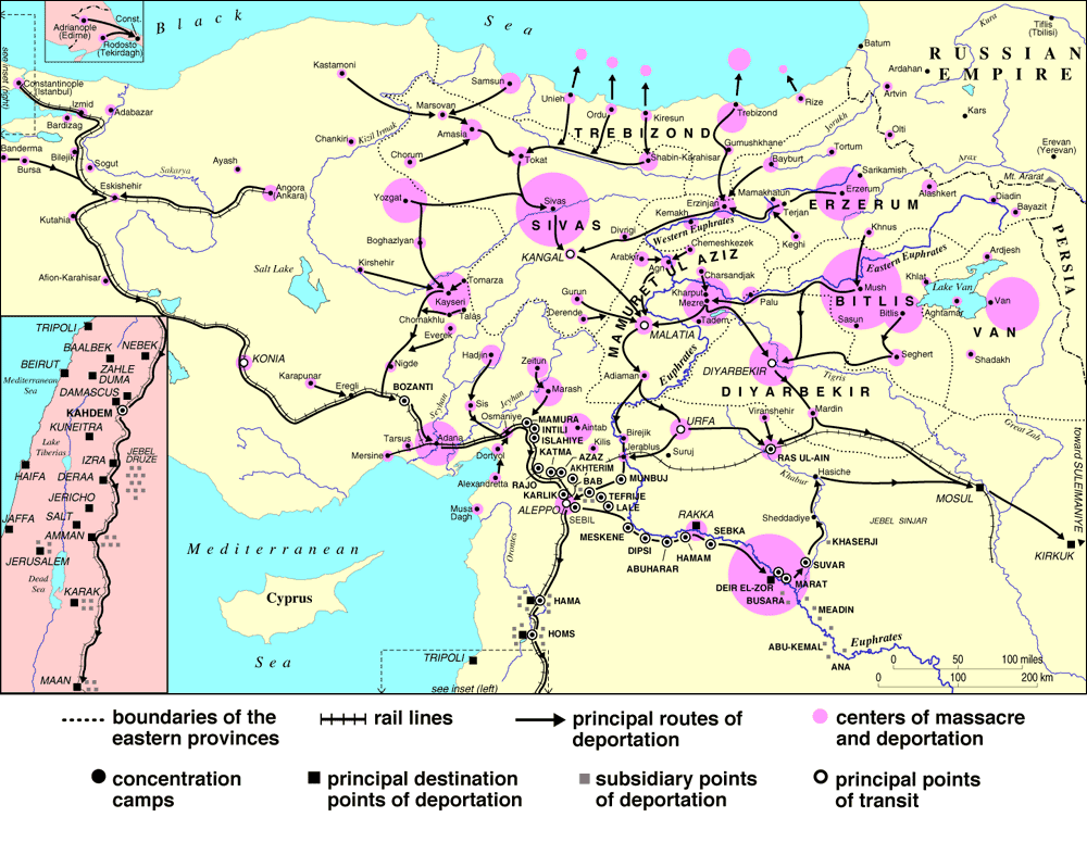 Mapa histórico del Imperio otomano con leyenda: rutas de deportación, campos y centros de masacre y deportación del genocidio armenio.