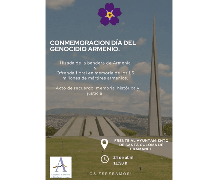 Cartel: conmemoración del Día del Genocidio Armenio frente al ayuntamiento de Santa Coloma de Gramenet; Tsitsernakaberd al fondo; logotipo Associació d'Armènia a Catalunya -Ararat-.