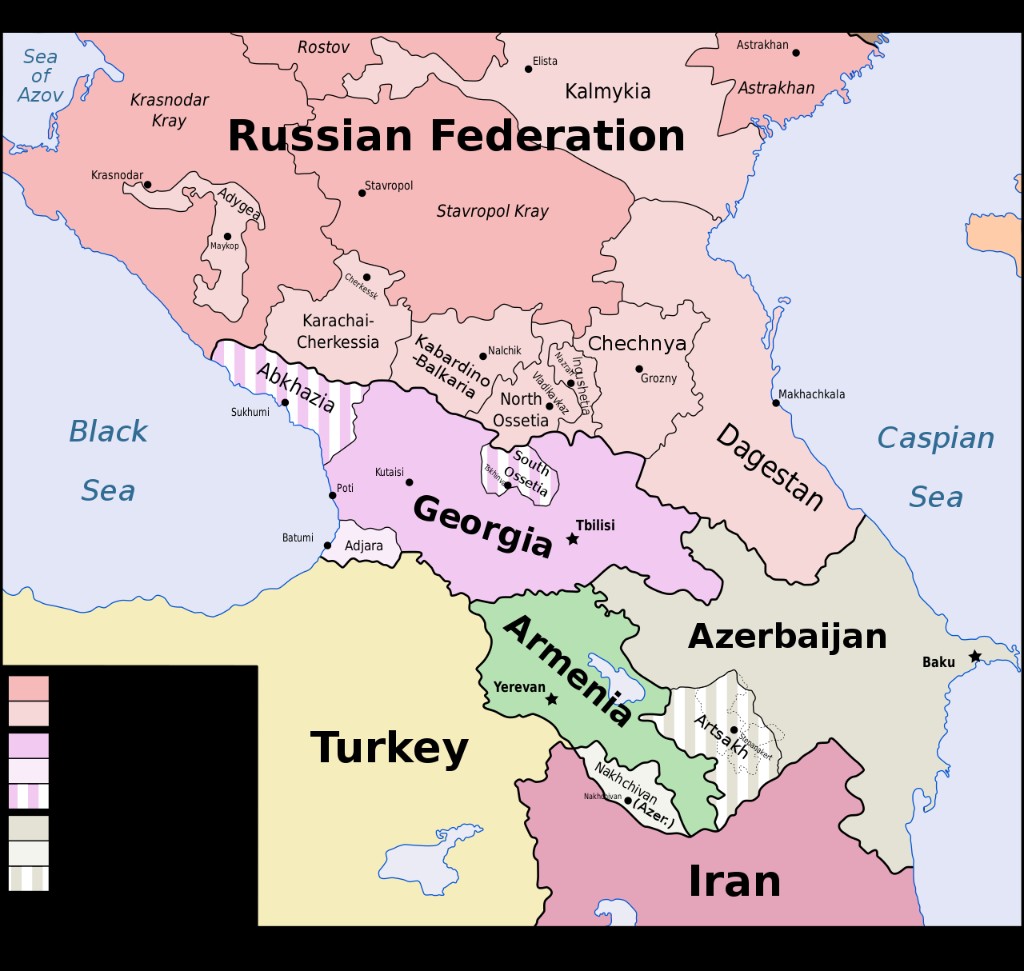 Mapa político del Cáucaso Sur con Armenia, Georgia, Azerbaiyán y Estados vecinos entre el mar Negro y el Caspio.