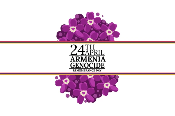 Gráfico del Día de conmemoración del genocidio armenio, 24 de abril: flores nomeolvides moradas, franjas tricolor y texto conmemorativo.